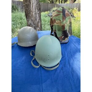 Vintage US Military M1 Style Steel Helmet with Liner and Woodland Camo Cover